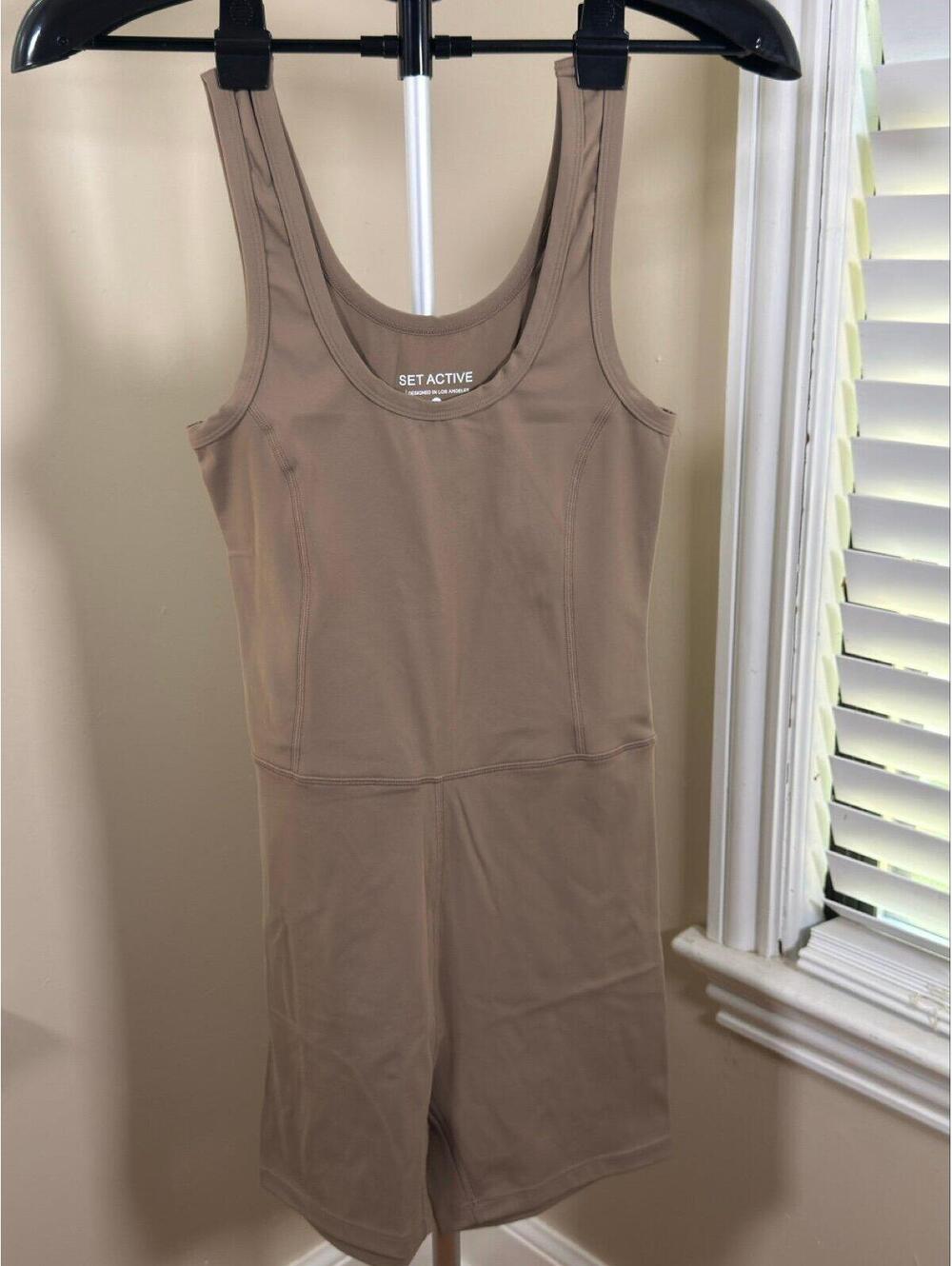 SET Active Sculptflex Unitard Romper XL Taupe Beige Biker Shorts NWOT